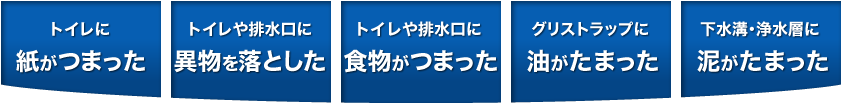 トイレに紙がつまった、トイレや排水口に異物を落とした、トイレや排水口に食物がつまった、グリストラップに油がたまった、下水溝･浄水層に泥がたまった